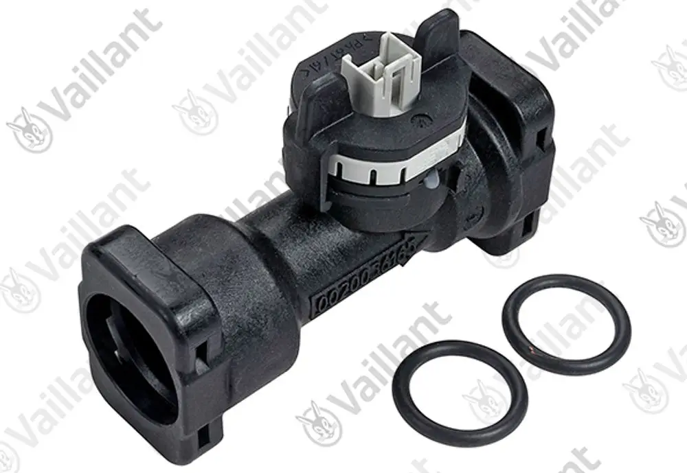 Vaillant Sensor mit Steckverbindung und zwei Dichtungsringen, hauptsächlich aus schwarzem Kunststoff, zur Verwendung in Heizungs- oder Lüftungssystemen.